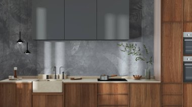 Japandi trendy wooden kitchen in white and gray tones. Wooden cabinets, contemporary wallpaper and marble top. Minimalist interior design