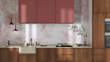 Japandi trendy wooden kitchen in white and red tones. Wooden cabinets, contemporary wallpaper and marble top. Minimalist interior design clipart