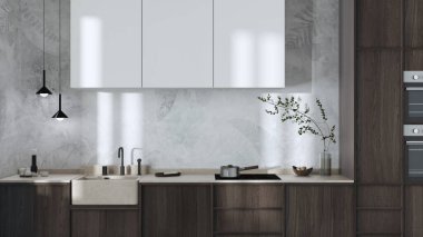 Japandi trendy wooden kitchen in white and dark tones. Wooden cabinets, contemporary wallpaper and marble top. Minimalist interior design