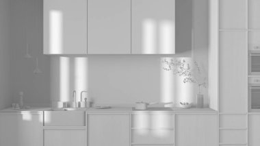 Total white project draft, japandi trendy wooden kitchen. Wooden cabinets, contemporary wallpaper and marble top. Minimalist interior design