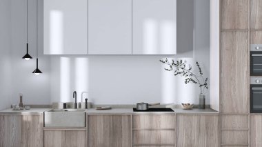 Japandi trendy wooden kitchen in white and bleached tones. Wooden cabinets, contemporary wallpaper and marble top. Minimalist interior design