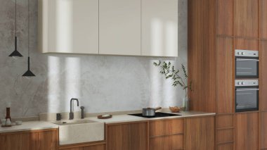 Japandi trendy wooden kitchen in white and beige tones. Wooden cabinets and marble top. Wabi sabi interior design