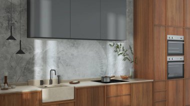 Japandi trendy wooden kitchen in white and gray tones. Wooden cabinets, contemporary wallpaper and marble top. Wabi sabi interior design