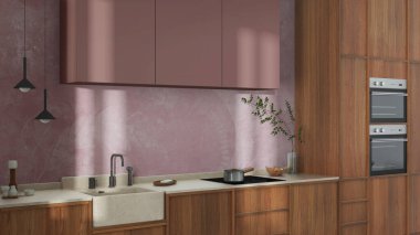 Japandi trendy wooden kitchen in white and red tones. Wooden cabinets, contemporary wallpaper and marble top. Wabi sabi interior design