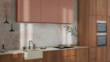 Japandi trendy wooden kitchen in white and orange tones. Wooden cabinets, contemporary wallpaper and marble top. Wabi sabi interior design