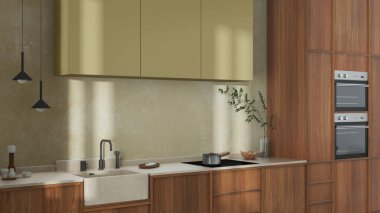 Japandi trendy wooden kitchen in white and yellow tones. Wooden cabinets, contemporary wallpaper and marble top. Wabi sabi interior design
