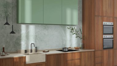 Japandi trendy wooden kitchen in white and green tones. Wooden cabinets, contemporary wallpaper and marble top. Wabi sabi interior design