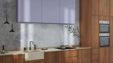 Japandi trendy wooden kitchen in white and purple tones. Wooden cabinets, contemporary wallpaper and marble top. Wabi sabi interior design