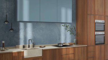 Japandi trendy wooden kitchen in white and blue tones. Wooden cabinets, contemporary wallpaper and marble top. Wabi sabi interior design