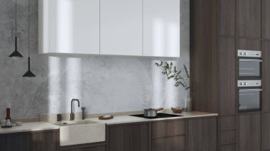 Japandi trendy wooden kitchen in white and dark tones. Wooden cabinets, contemporary wallpaper and marble top. Wabi sabi interior design