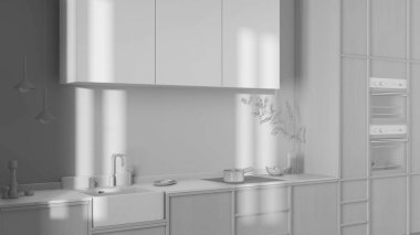 Total white project draft, japandi trendy wooden kitchen. Wooden cabinets, contemporary wallpaper and marble top. Wabi sabi interior design