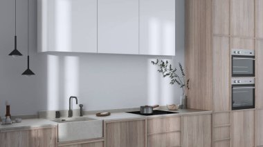 Japandi trendy wooden kitchen in white and bleached tones. Wooden cabinets, contemporary wallpaper and marble top. Wabi sabi interior design