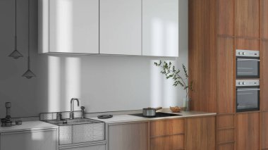 Architect interior designer concept: hand-drawn draft unfinished project that becomes real, japandi trendy wooden kitchen. Wooden cabinets and marble top. Wabi sabi