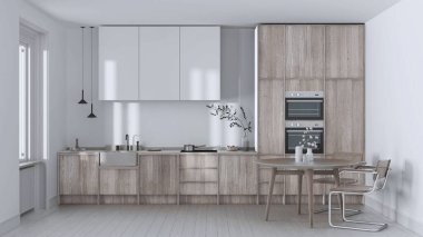 Japandi trendy wooden kitchen and dining room in white and bleached tones. Wooden cabinets, table and marble top. Minimalist interior design