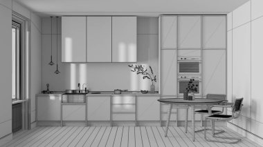 Blueprint unfinished project draft, japandi trendy wooden kitchen and dining room. Wooden cabinets, table and marble top. Minimalist interior design