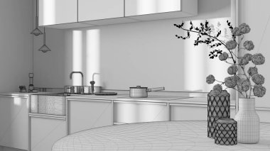 Blueprint unfinished project draft, japandi trendy wooden kitchen and dining room. Close up on table with cotton flowers, cabinets and marble top. Minimalist interior design