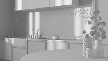 Total white project draft, japandi trendy wooden kitchen and dining room. Close up on table with cotton flowers, cabinets and marble top. Minimalist interior design