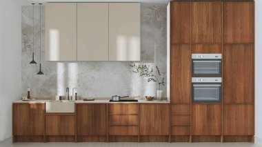 Japandi trendy wooden kitchen in white and beige tones. Wooden cabinets, contemporary wallpaper and marble top. Front view, minimalist interior design