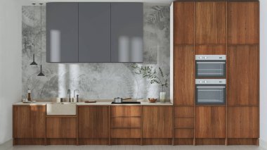 Japandi trendy wooden kitchen in white and gray tones. Wooden cabinets, contemporary wallpaper and marble top. Front view, minimalist interior design