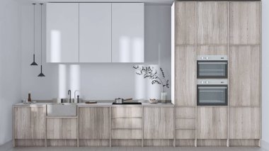 Japandi trendy wooden kitchen in white and bleached tones. Wooden cabinets, contemporary wallpaper and marble top. Front view, minimalist interior design