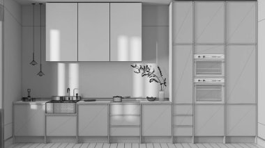 Blueprint unfinished project draft, japandi trendy wooden kitchen. Wooden cabinets, contemporary wallpaper and marble top. Minimalist interior design
