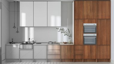 Architect interior designer concept: hand-drawn draft unfinished project that becomes real, japandi trendy wooden kitchen. Wooden cabinets and marble top. Front view