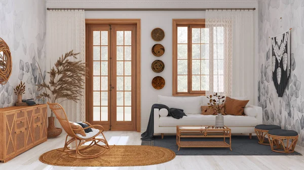 Farmhouse Wooden Living Room Gray White Tones Sofa Rattan Chest — Stockfoto
