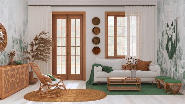 Farmhouse Wooden Living Room Green White Tones Sofa Rattan Chest — 图库照片