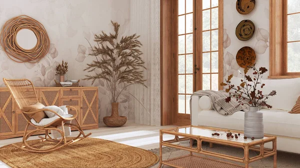 Country Bohemian Wooden Living Room Beige White Tones Sofa Rattan — Stockfoto