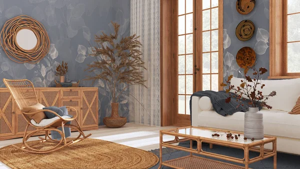 Country Bohemian Wooden Living Room White Gray Tones Sofa Rattan — Zdjęcie stockowe