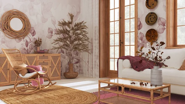 Country Bohemian Wooden Living Room White Red Tones Sofa Rattan —  Fotos de Stock