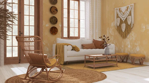Vintage Living Room Boho Chic Style White Yellow Tones Sofa — 图库照片