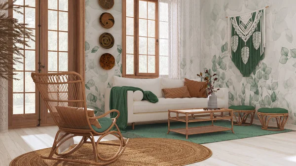 Vintage Living Room Boho Chic Style White Green Tones Sofa — 图库照片