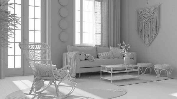 Total White Project Draft Vintage Living Room Boho Chic Style — 图库照片