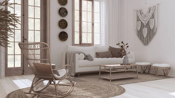 Vintage Living Room Boho Chic Style White Bleached Wood Tones — Stock fotografie