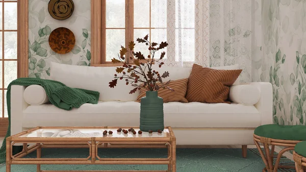 Retro Living Room White Green Tones Closeup Sofa Rattan Table — Stockfoto