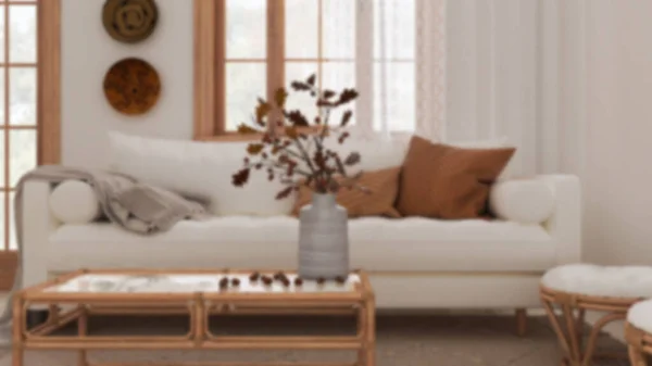 Blurred Background Retro Living Room Closeup Sofa Rattan Table Autumn — ストック写真