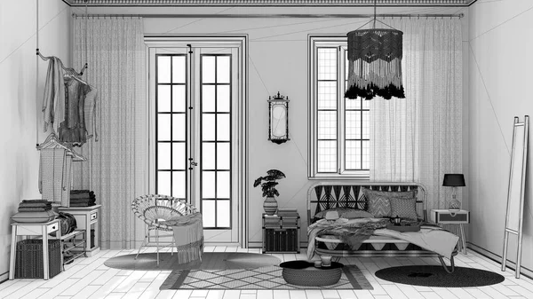 Blueprint Unfinished Project Draft Boho Chic Farmhouse Bedroom Rattan Bed — 스톡 사진