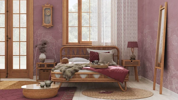 Boho Chic Farmhouse Bedroom Double Bed Rattan Furniture Jute Carpet — Stockfoto