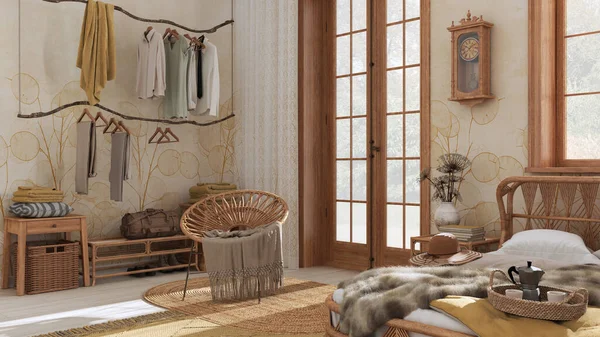 Boho Chic Farmhouse Bedroom Rattan Bed Rustic Walk Closet Armchair — 图库照片