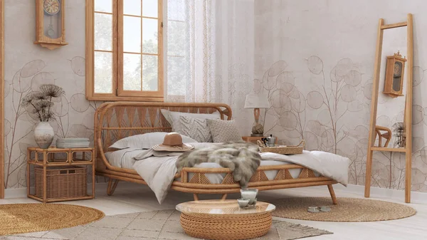 Wooden Farmhouse Bedroom Boho Chic Style Rattan Bed Furniture White — Fotografia de Stock
