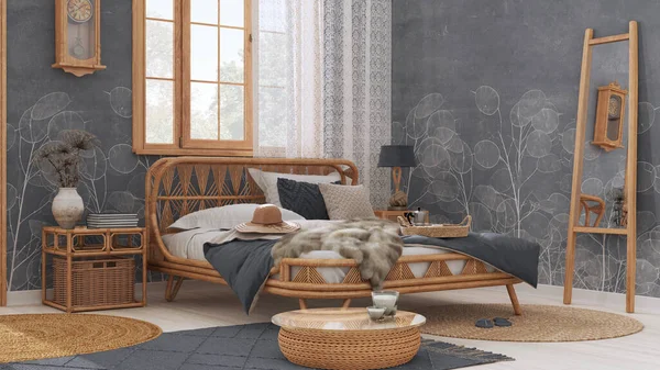 Wooden Farmhouse Bedroom Boho Chic Style Rattan Bed Furniture White — 图库照片