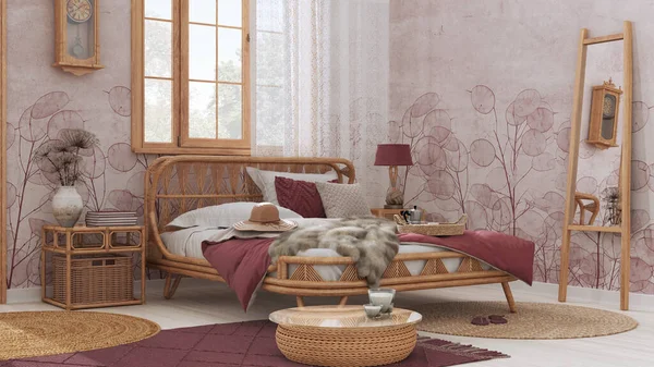 Wooden Farmhouse Bedroom Boho Chic Style Rattan Bed Furniture White — Stockfoto