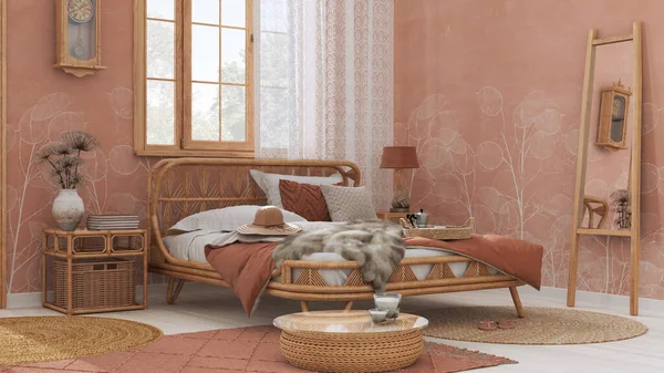Wooden Farmhouse Bedroom Boho Chic Style Rattan Bed Furniture White — Stok fotoğraf