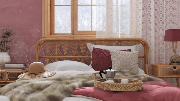 Country Bed Close Boho Chic Bedroom Rattan Furniture Fur Blanket — Stok fotoğraf