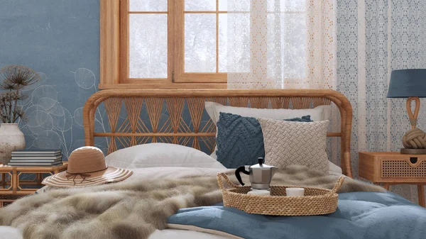 Country Bed Close Boho Chic Bedroom Rattan Furniture Fur Blanket — Fotografia de Stock