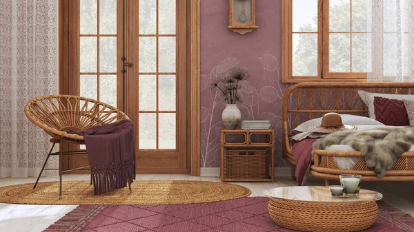 Boho Chic Farmhouse Bedroom Rattan Bed Wooden Furniture Jute Carpet — Zdjęcie stockowe