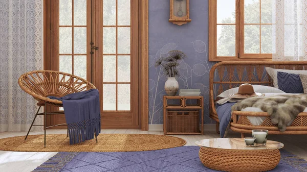 Boho Chic Farmhouse Bedroom Rattan Bed Wooden Furniture Jute Carpet — Zdjęcie stockowe