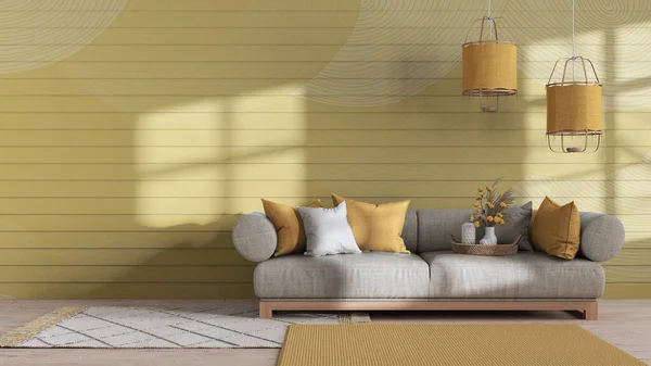 Wabi Sabi Living Room White Yellow Tones Copy Space Wooden — Stockfoto