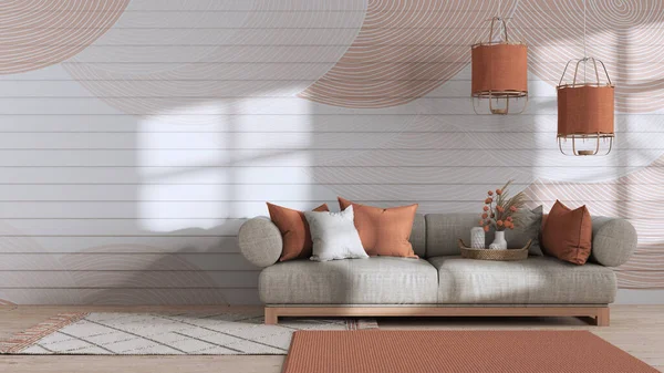Wabi Sabi Living Room White Orange Tones Copy Space Wooden — Stockfoto